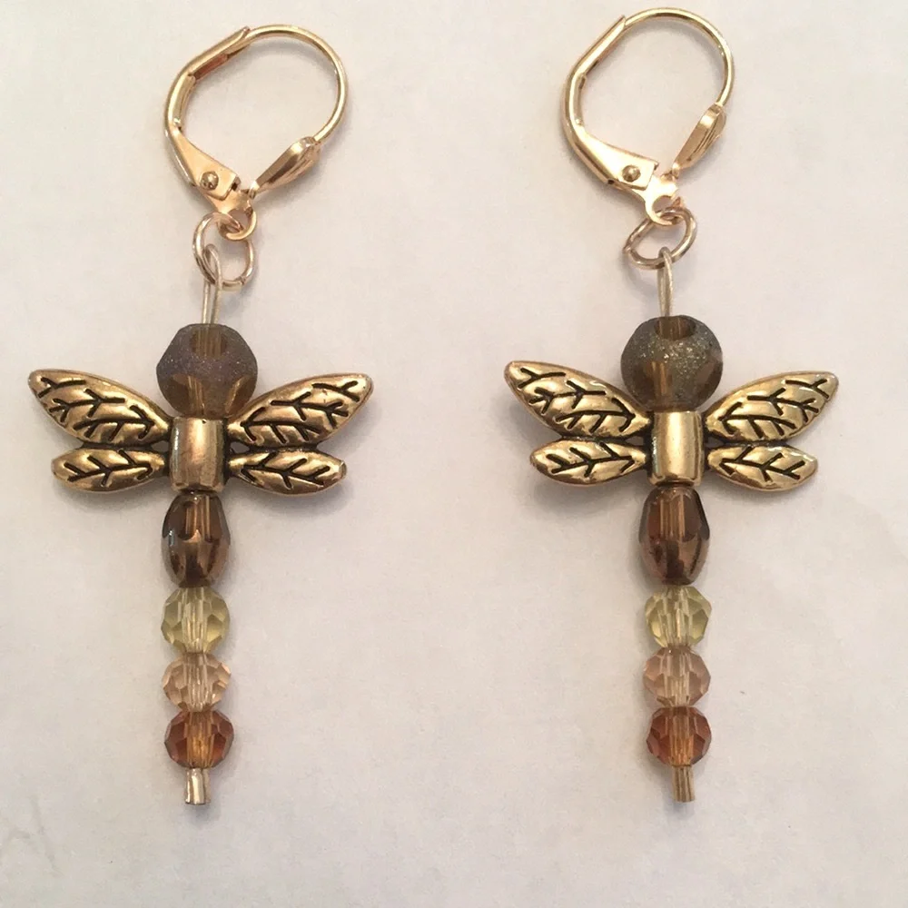 🟥Brand New Dragonfly Stainless Steel Gold Tone, Lever Back Earrings, Handcrafted - Picture 5 of 7